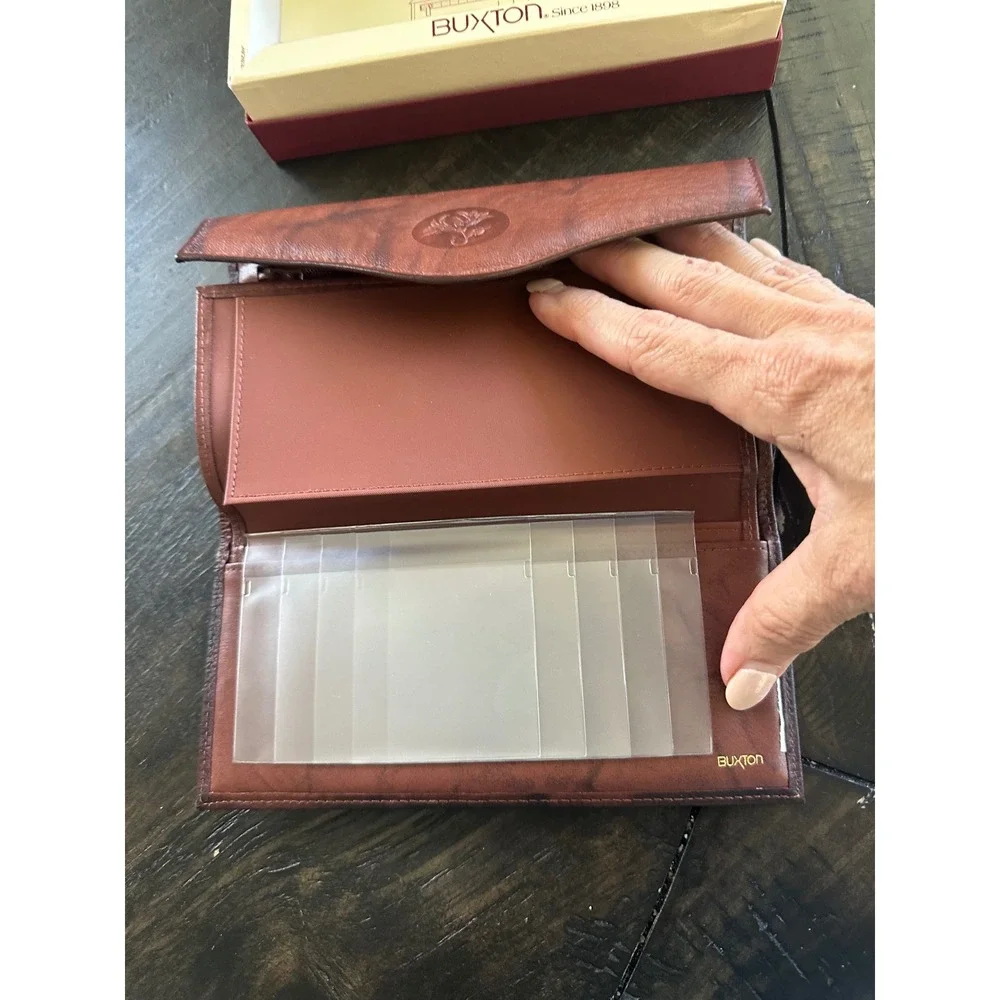 Vintage Buxton Brown Leather Organizer Clutch Wallet Checkbook Kiss Lock 25936-C